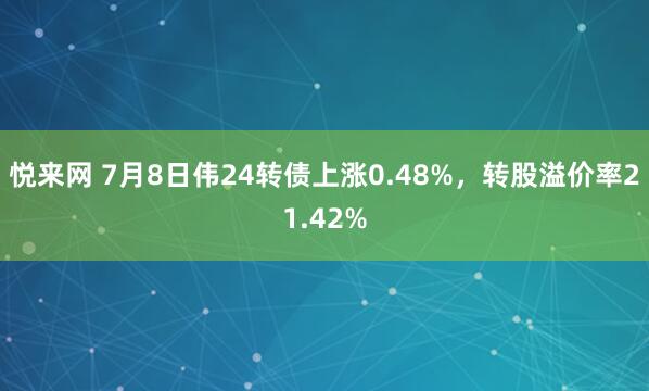 悦来网 7月8日伟24转债上涨0.48%，转股溢价率21.42%